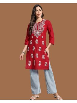 FASHIONABLE CHIKAN HANDIKRAFT - Maroon Semi Cotton Chikankari Embroidered Kurti