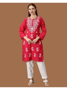 FASHIONABLE CHIKAN HANDIKRAFT - Magenta Semi Cotton Chikankari Embroidered Kurti