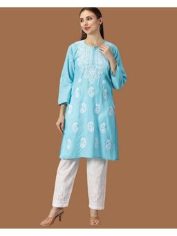 FASHIONABLE CHIKAN HANDIKRAFT - Aqua Semi Cotton Chikankari Embroidered Kurti