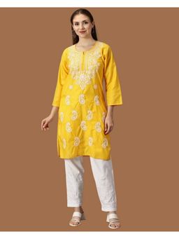 FASHIONABLE CHIKAN HANDIKRAFT - Yellow Semi Cotton Chikankari Embroidered Kurti