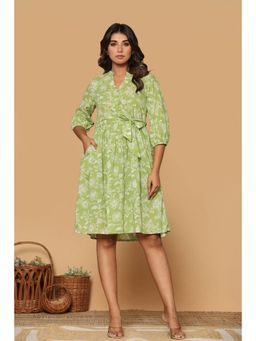 Kasya - Green Floral Printed Cotton Dress with Belt