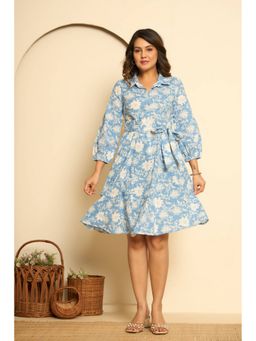 Kasya - Blue Floral Printed Cotton Dress with Belt
