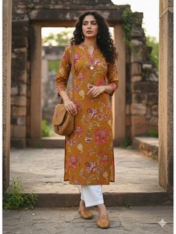 Rajnandini - Mustard Yellow Pure Cotton Floral Printed Kurta