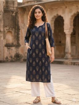 Rajnandini - Navy Blue Pure Cotton Hand Block Kurta