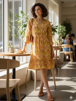 Rajnandini - Yellow Pure Cambric Cotton Floral Printed Dress