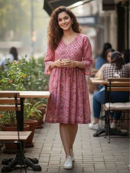Rajnandini - Light Pink Pure Cotton Floral Printed Dress
