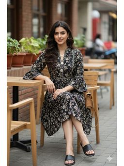 Rajnandini - Black Pure Cotton Floral Printed Dress