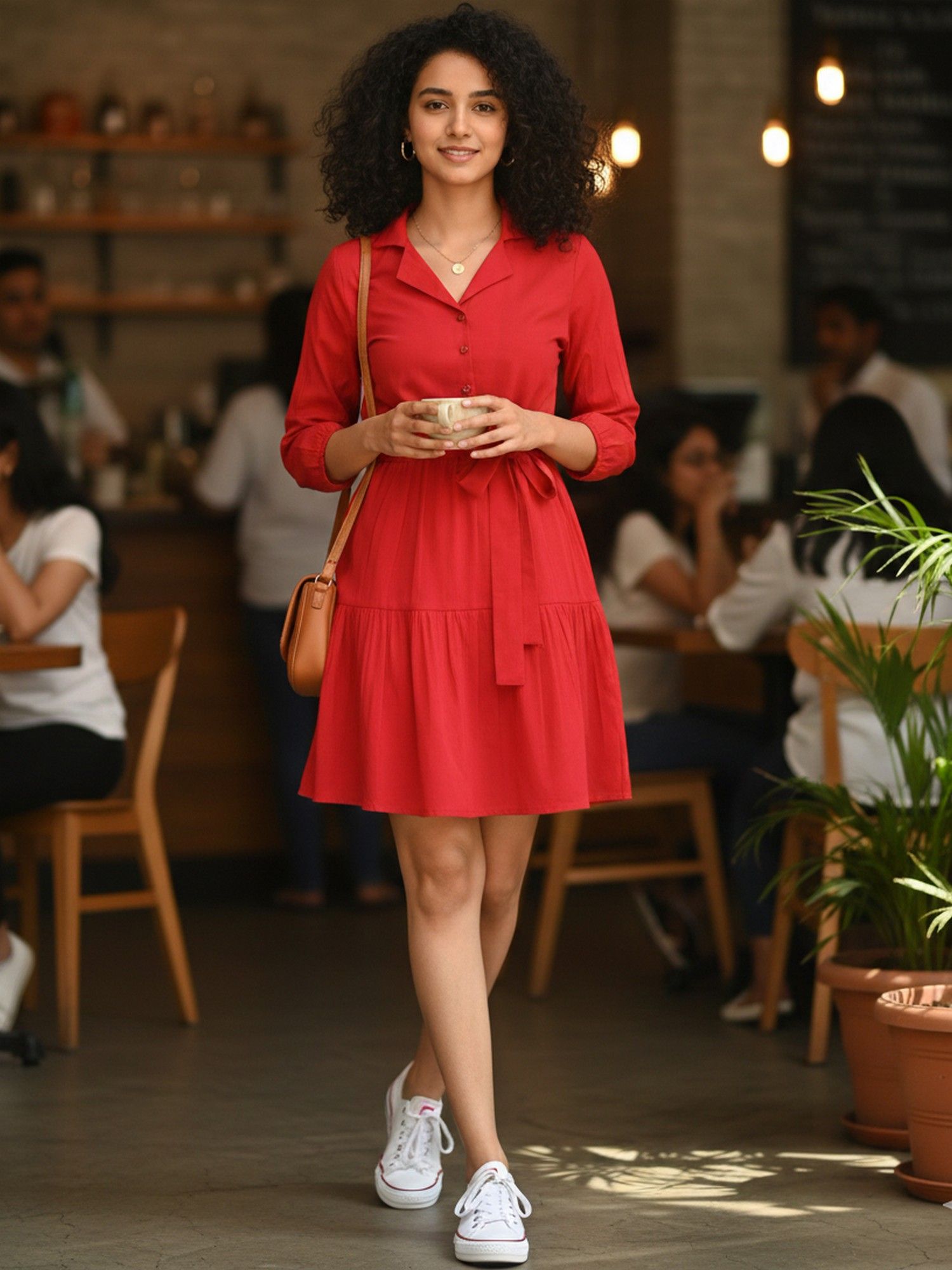 Red Cotton Solid Dress with Belt-image-42