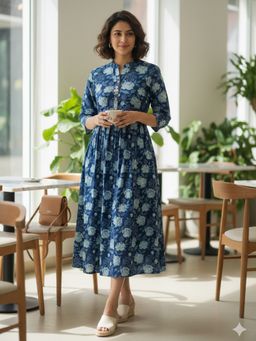 Rajnandini - Blue Pure Cotton Floral Printed Dress