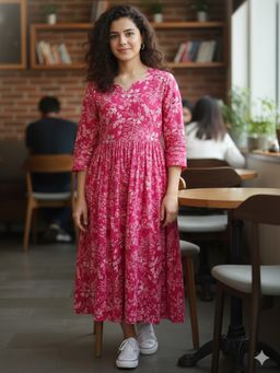 Rajnandini - Pink Pure Cotton Floral Printed Dress