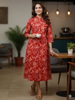 Rajnandini - Red Pure Cotton Floral Printed Dress