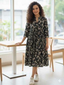 Rajnandini - Black Pure Cotton Floral Printed Dress