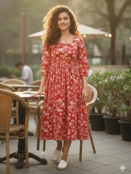 Rajnandini - Red Pure Cotton Floral Printed Dress