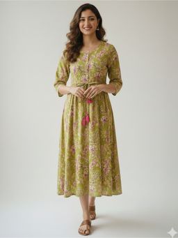 Rajnandini - Parrot Green Cotton Floral Printed Dress