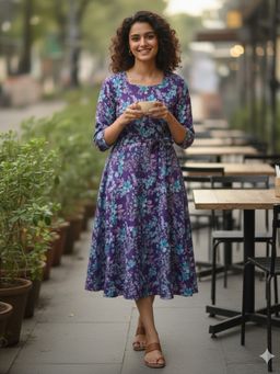 Rajnandini - Purple Cotton Floral Printed Dress