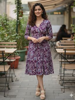 Rajnandini - Wine Cotton Floral Printed Dress