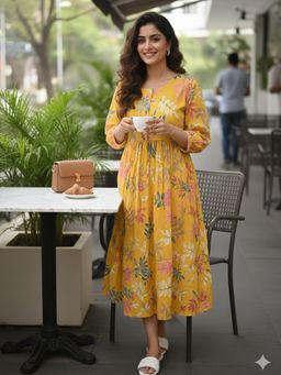 Rajnandini - Yellow Cotton Floral Printed Dress