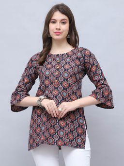 Rajnandini - Navy Blue Cotton Blend Block Printed Kurti