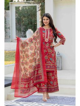 PISTAA - Red Pure Cotton Floral Kurta with Palazzo and Dupatta