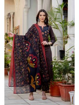 PISTAA - Navy Blue Elegant Pure Cotton Floral Printed Kurta and Pant with Dupatta