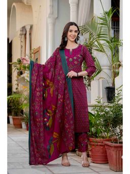 PISTAA - Magenta Elegant Pure Cotton Floral Printed Kurta and Pant with Dupatta