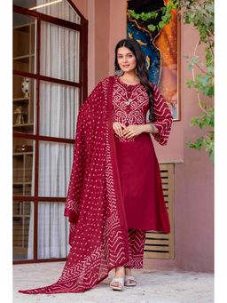 PISTAA - Maroon Bandhani Printed Pure Cotton Kurta and Pant with Dupatta