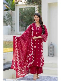 PISTAA - Red Pure Cotton Printed A-Line Kurta with Palazzo and Dupatta