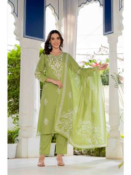 PISTAA - Green Elegant Pure Cotton Printed Kurta and Pant with Dupatta