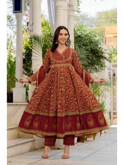 PISTAA - Rust Pure Cotton Floral Printed Anarkali Kurta with Palazzo and Dupatta