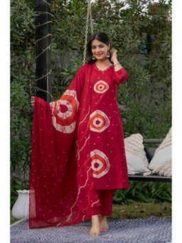 PISTAA - Red Pure Cotton Bandhani Print Kurta and Pant with Dupatta