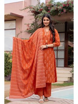 PISTAA - Rust Pure Cotton Printed Kurta with Palazzo and Dupatta