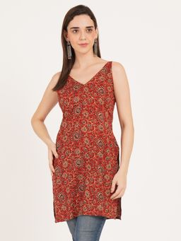 Brownverse - Red Pure Cotton Jaipuri Print Short Kurti