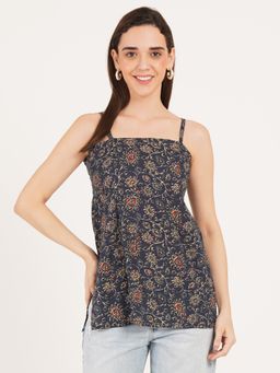 Brownverse - Navy Blue Pure Cotton Jaipuri Print Short Kurti