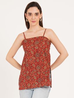 Brownverse - Red Pure Cotton Jaipuri Print Short Kurti