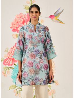 Lakshita - Light Blue Embroidered Linen-Blend Kurti