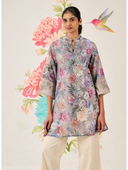 Lakshita - Grey Embroidered Linen-Blend Kurti