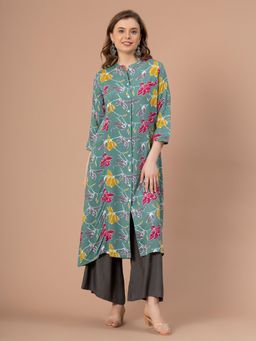 Mode by Red Tape - Green Floral Print Rayon Kurta