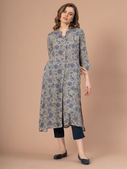 Mode by Red Tape - Blue Floral Print Rayon Kurta