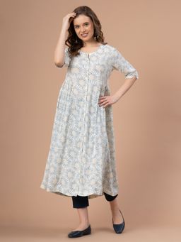 Mode by Red Tape - Off White Geometrical Print Rayon Kurta