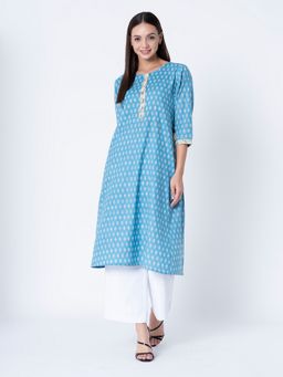 Mode by Red Tape - Blue Floral Printed Pure Cotton Kurta