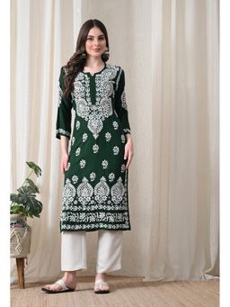 SYRISH - Green Hand Embroidered Chikankari Rayon Straight Kurta