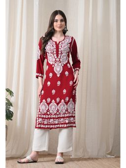 SYRISH - Maroon Hand Embroidered Chikankari Rayon Straight Kurta
