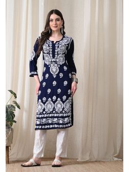 SYRISH - Navy Blue Hand Embroidered Chikankari Rayon Straight Kurta