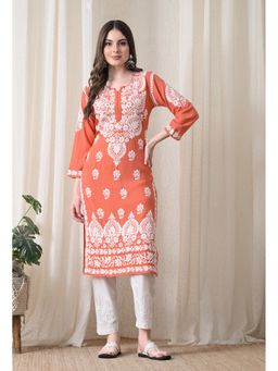 SYRISH - Peach Hand Embroidered Chikankari Rayon Straight Kurta