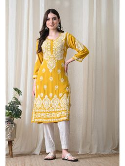 SYRISH - Yellow Hand Embroidered Chikankari Rayon Straight Kurta
