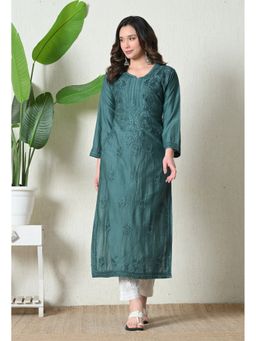 SYRISH - Emerald Green Chanderi Hand Embroidered Chikankari Kurta