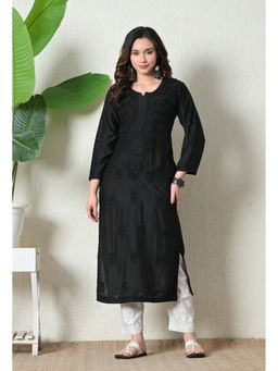 SYRISH - Black Chanderi Hand Embroidered Chikankari Straight Kurta