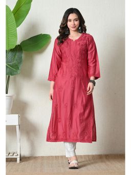 SYRISH - Pink Chanderi Hand Embroidered Chikankari Straight Kurta