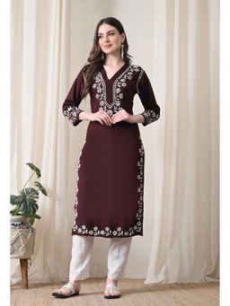 SYRISH - Wine Hand Embroidered Chikankari Rayon Straight Kurta