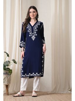 SYRISH - Navy Blue Hand Embroidered Chikankari Rayon Straight Kurta